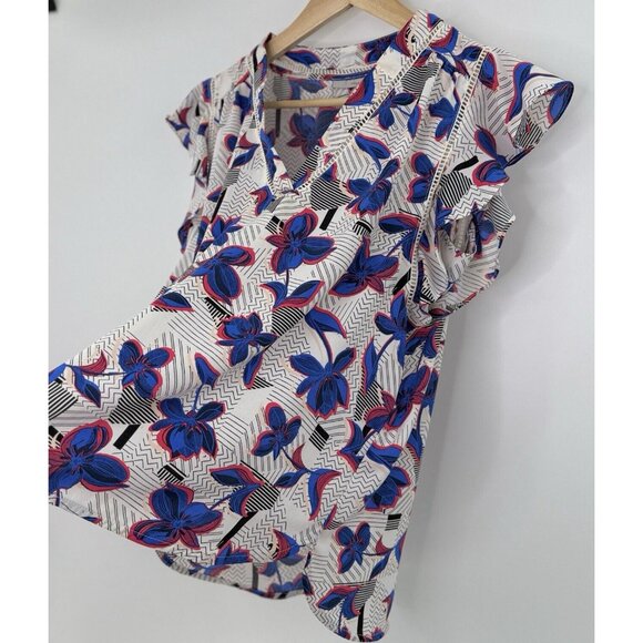 Halogen Floral Ruffled Chiffon Blouse Sz M Bohemian‎ Office Career Preppy - Picture 6 of 9